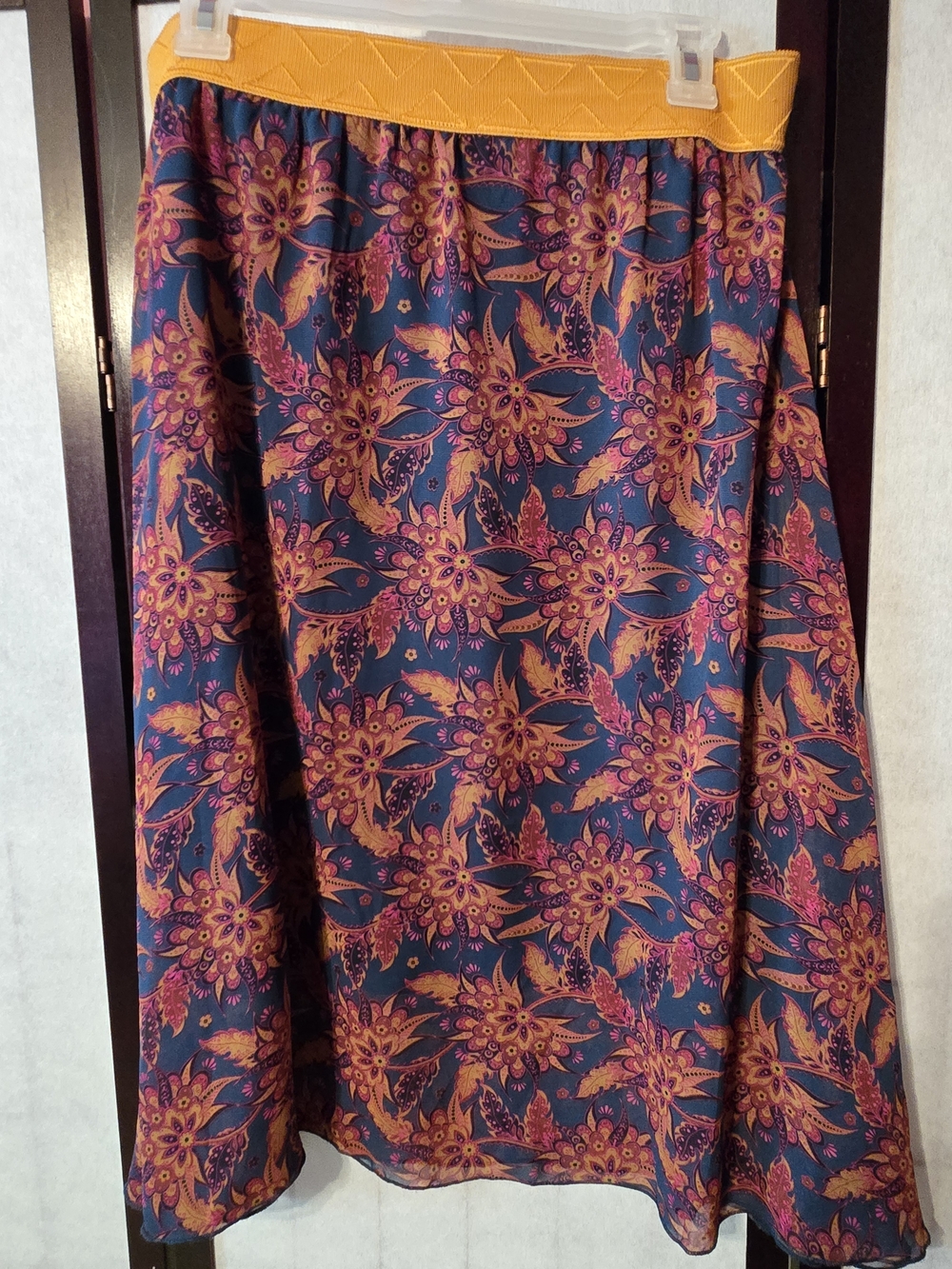 LulaRoe Navy Floral Midi Skirt with Mustard Waistband Size Medium